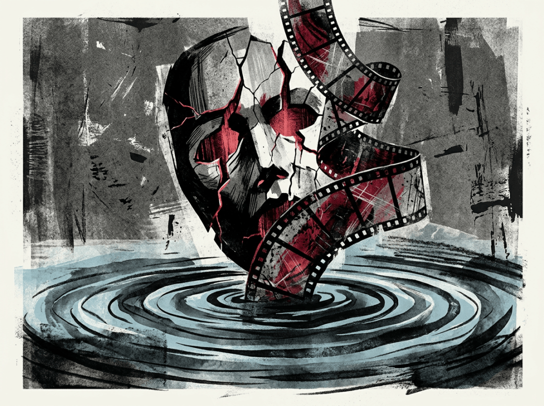 Torn film strip emerging from rippling water beneath a cracked form