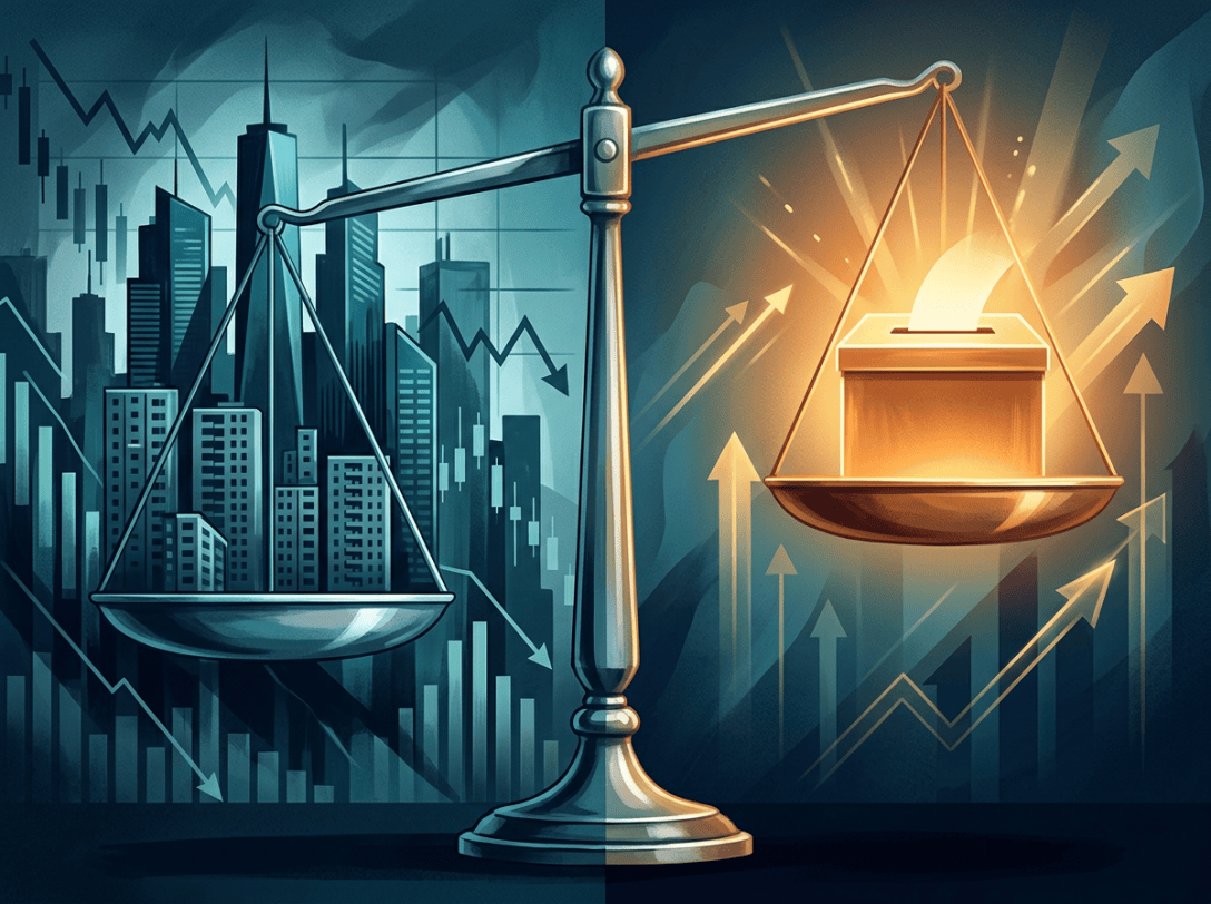 Balance scale contrasting declining city markets with rising investment and a glowing coin