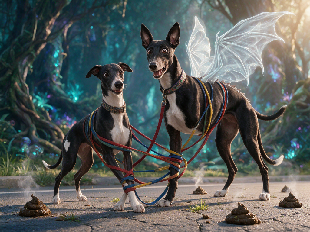 Rosie and Carlitos are tangled up in their leashes.