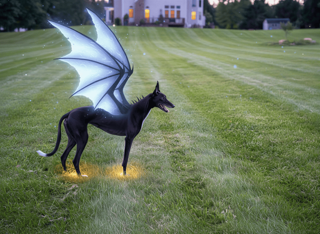 Rosie the three-legged dragon in the open field